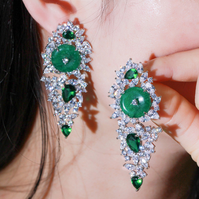 Kolczyki wiszące Pera Fashion Design z dużym, okrągłym, zielonym kryształem, vintage styl, dla kobiet- biżuteria na party i inne okazje - E609 - Wianko - 7