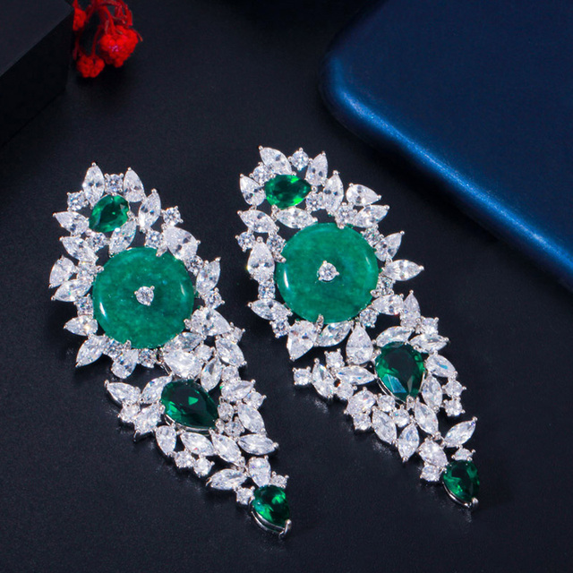 Kolczyki wiszące Pera Fashion Design z dużym, okrągłym, zielonym kryształem, vintage styl, dla kobiet- biżuteria na party i inne okazje - E609 - Wianko - 9