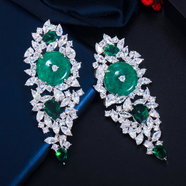 Kolczyki wiszące Pera Fashion Design z dużym, okrągłym, zielonym kryształem, vintage styl, dla kobiet- biżuteria na party i inne okazje - E609 - Wianko - 14