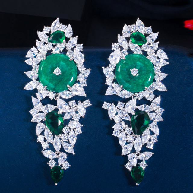 Kolczyki wiszące Pera Fashion Design z dużym, okrągłym, zielonym kryształem, vintage styl, dla kobiet- biżuteria na party i inne okazje - E609 - Wianko - 15