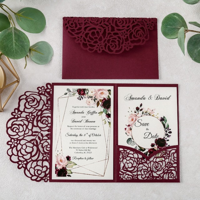 Zaproszenie na ślub laserowo wycinane, różane, z kwiatowymi kieszeniami i kopertami, 1 sztuka - Wianko - 8