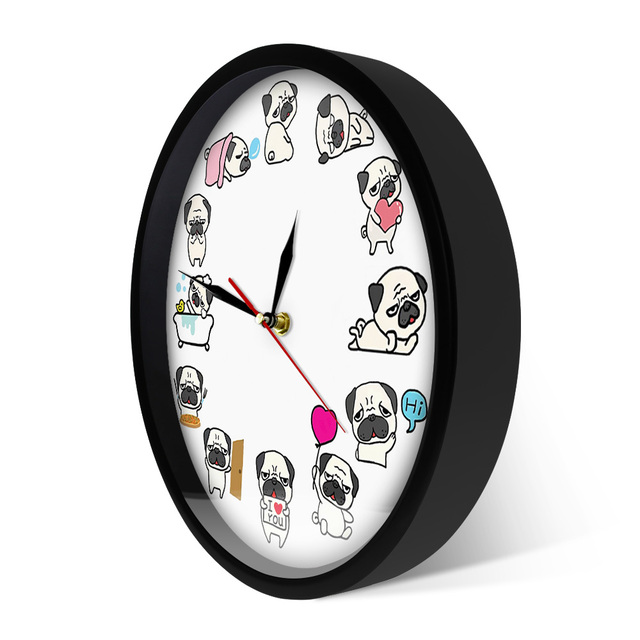 Zegar ścienny Cartoon Mops Pies Życie Codzienne Home Decor Rasy Psów Zegar Zoologiczny Artystyczny Cichy - Wianko - 15