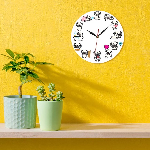 Zegar ścienny Cartoon Mops Pies Życie Codzienne Home Decor Rasy Psów Zegar Zoologiczny Artystyczny Cichy - Wianko - 23