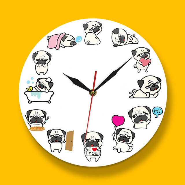 Zegar ścienny Cartoon Mops Pies Życie Codzienne Home Decor Rasy Psów Zegar Zoologiczny Artystyczny Cichy - Wianko - 22