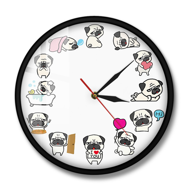 Zegar ścienny Cartoon Mops Pies Życie Codzienne Home Decor Rasy Psów Zegar Zoologiczny Artystyczny Cichy - Wianko - 14