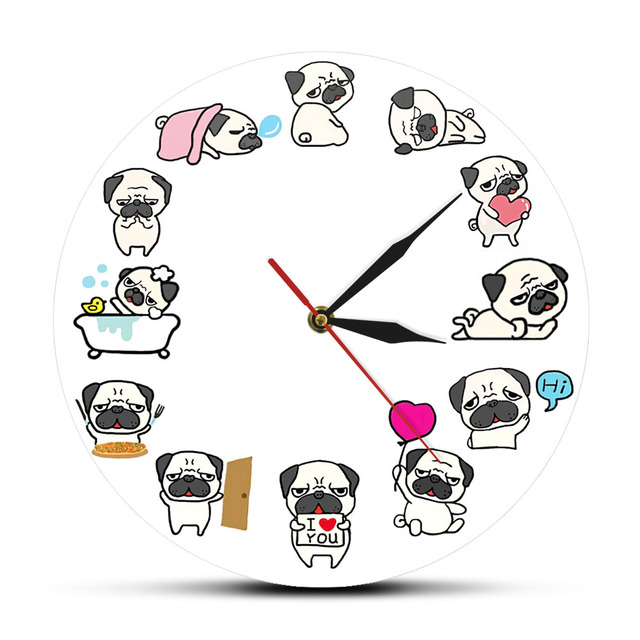 Zegar ścienny Cartoon Mops Pies Życie Codzienne Home Decor Rasy Psów Zegar Zoologiczny Artystyczny Cichy - Wianko - 12