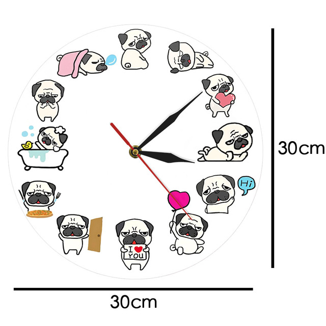 Zegar ścienny Cartoon Mops Pies Życie Codzienne Home Decor Rasy Psów Zegar Zoologiczny Artystyczny Cichy - Wianko - 10
