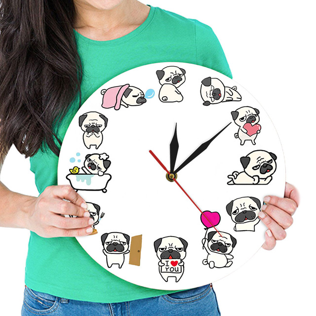 Zegar ścienny Cartoon Mops Pies Życie Codzienne Home Decor Rasy Psów Zegar Zoologiczny Artystyczny Cichy - Wianko - 20