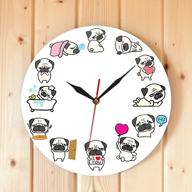 Zegar ścienny Cartoon Mops Pies Życie Codzienne Home Decor Rasy Psów Zegar Zoologiczny Artystyczny Cichy - Wianko - 21