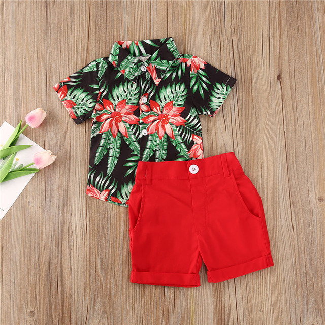 Zestaw ubrań dla chłopców Pudcoco 2020 - koszula z krótkim rękawem w kwiatowy wzór i spodenki jednolite - 1-5l - Wianko - 7