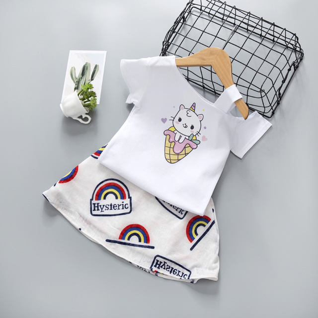 Nowe ubrania dla dzieci lato - koszulka z krótkim rękawem + spódnica w kolorowe paski(Zestaw dziewczynka) - Wianko - 4