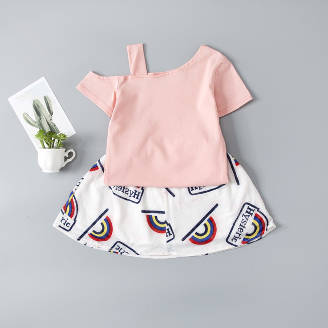 Nowe ubrania dla dzieci lato - koszulka z krótkim rękawem + spódnica w kolorowe paski(Zestaw dziewczynka) - Wianko - 3