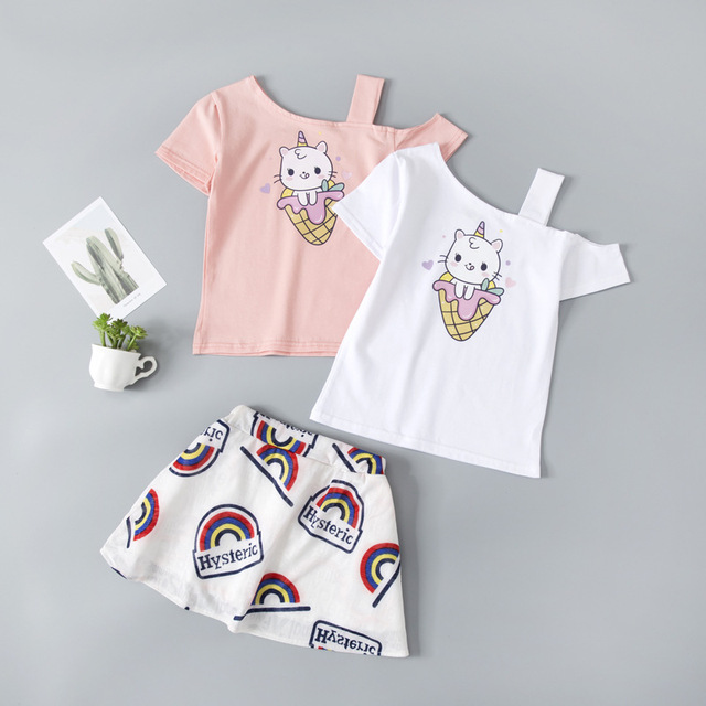 Nowe ubrania dla dzieci lato - koszulka z krótkim rękawem + spódnica w kolorowe paski(Zestaw dziewczynka) - Wianko - 5