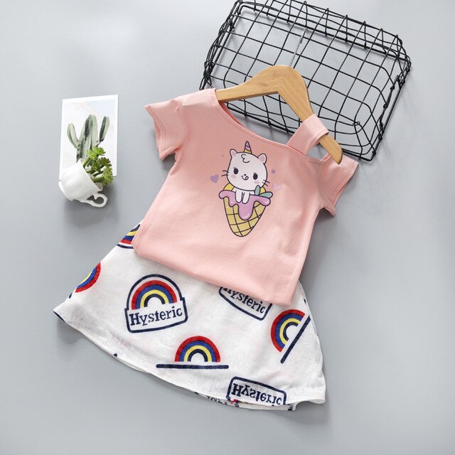 Nowe ubrania dla dzieci lato - koszulka z krótkim rękawem + spódnica w kolorowe paski(Zestaw dziewczynka) - Wianko - 2