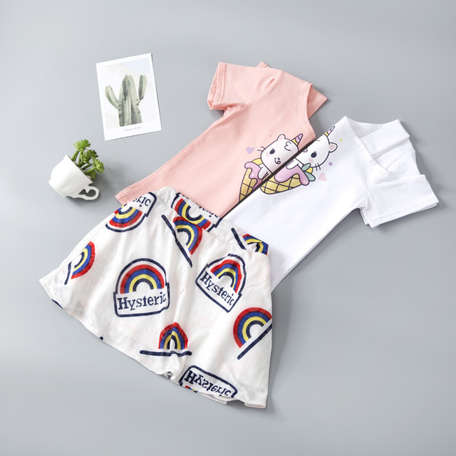 Nowe ubrania dla dzieci lato - koszulka z krótkim rękawem + spódnica w kolorowe paski(Zestaw dziewczynka) - Wianko - 6