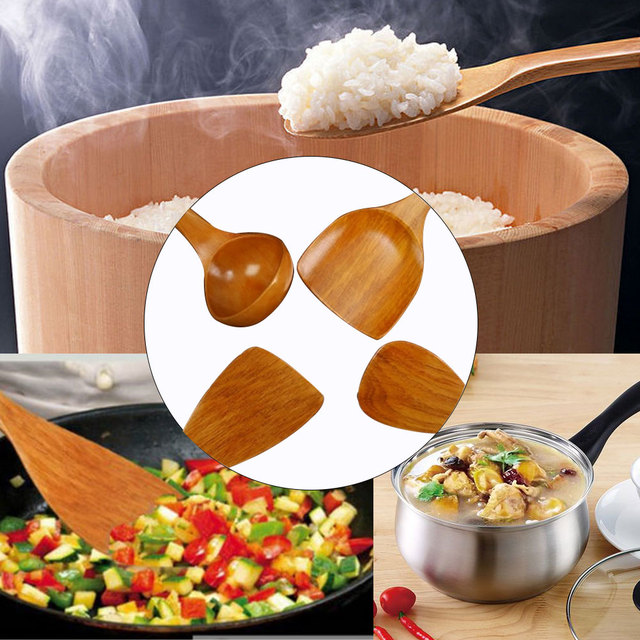 Zestaw 4 sztuk drewnianych przyborów do gotowania: szpatułka, łyżka, łopatka i naczynie kuchenne z bambusa - Wianko - 5