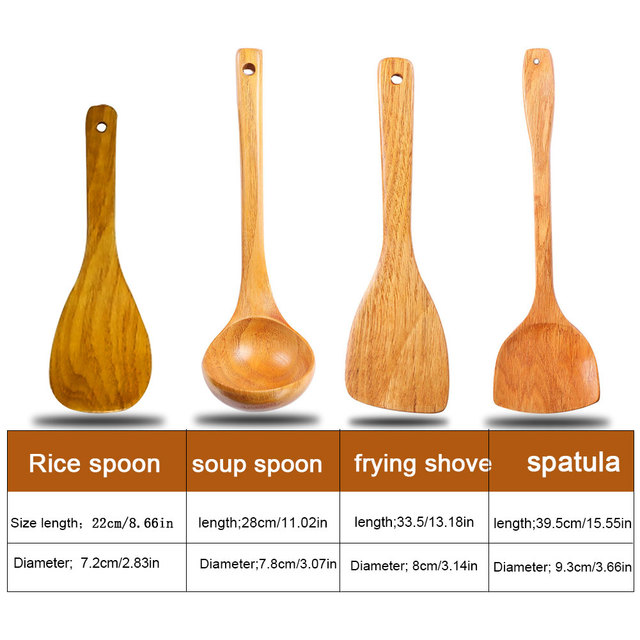 Zestaw 4 sztuk drewnianych przyborów do gotowania: szpatułka, łyżka, łopatka i naczynie kuchenne z bambusa - Wianko - 2