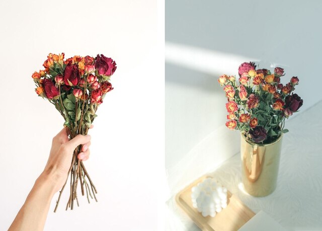 Suszone bukiet hybrydowej róży, żółta, czerwona i pomarańczowa, wintażowa dekoracja kwiatowa do domu, idealna na Walentynki - Wianko - 8
