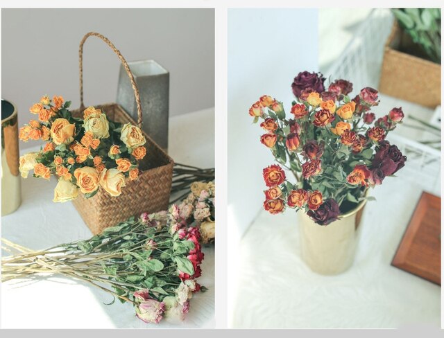Suszone bukiet hybrydowej róży, żółta, czerwona i pomarańczowa, wintażowa dekoracja kwiatowa do domu, idealna na Walentynki - Wianko - 13