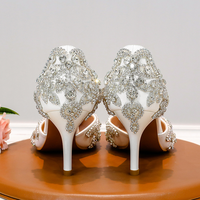 Białe buty ślubne sandały damskie z wysokim obcasem i kryształkami - Wianko - 32