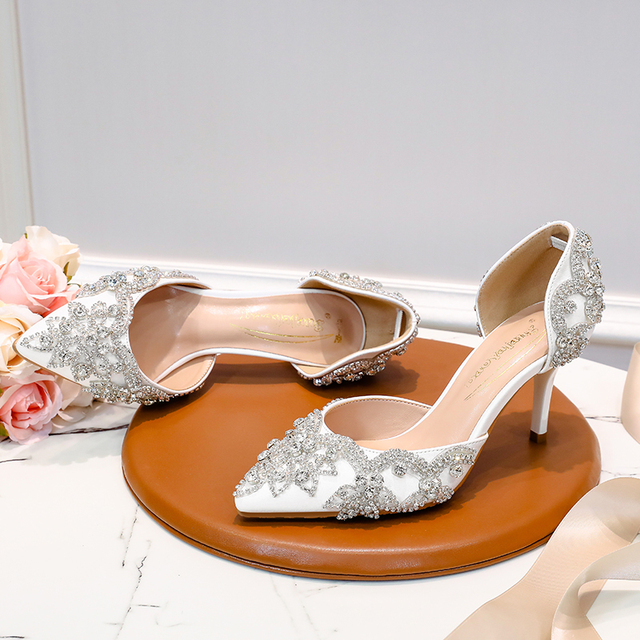 Białe buty ślubne sandały damskie z wysokim obcasem i kryształkami - Wianko - 30