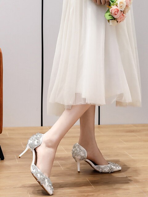 Białe buty ślubne sandały damskie z wysokim obcasem i kryształkami - Wianko - 36