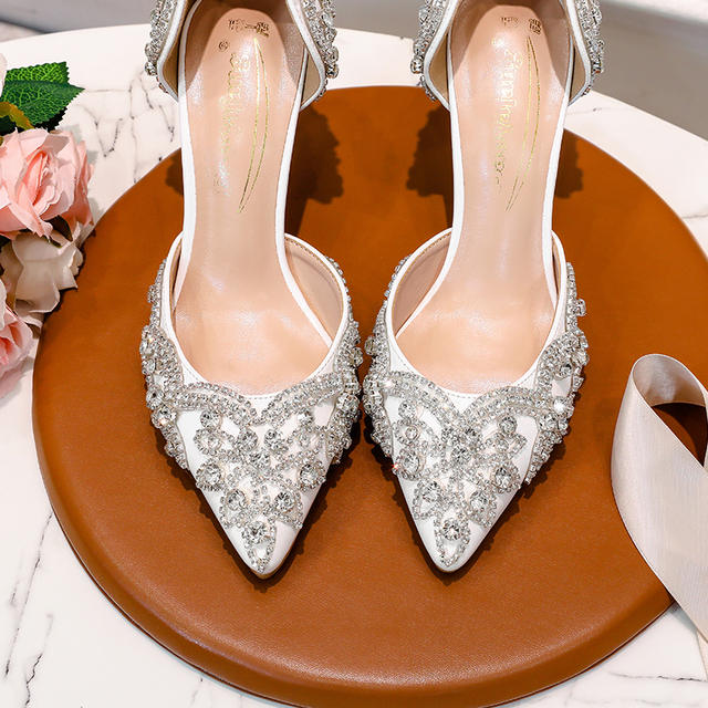 Białe buty ślubne sandały damskie z wysokim obcasem i kryształkami - Wianko - 31
