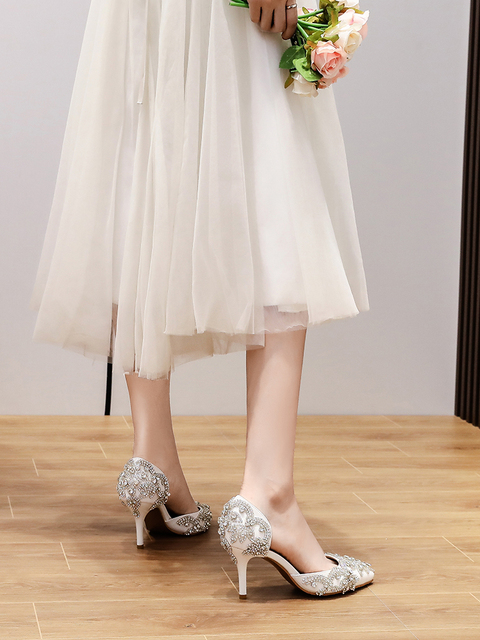Białe buty ślubne sandały damskie z wysokim obcasem i kryształkami - Wianko - 37