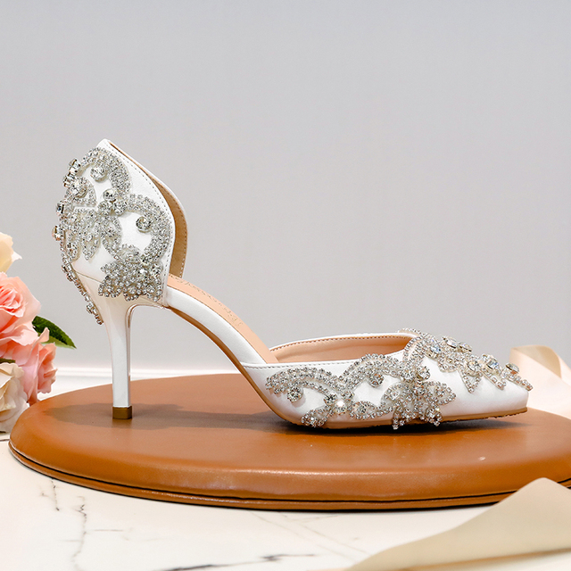 Białe buty ślubne sandały damskie z wysokim obcasem i kryształkami - Wianko - 33