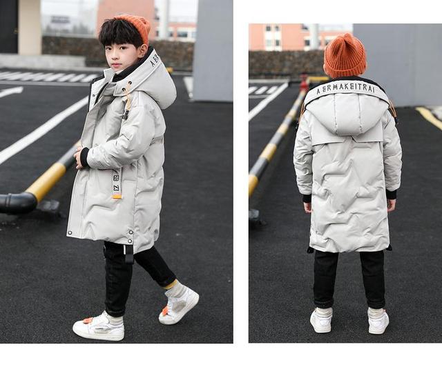 Chłopięca kurtka zimowa w dłuższym stylu, ciepła z kapuczną, w kolorach szarym, czekoladowym i czarnym - Wianko - 4