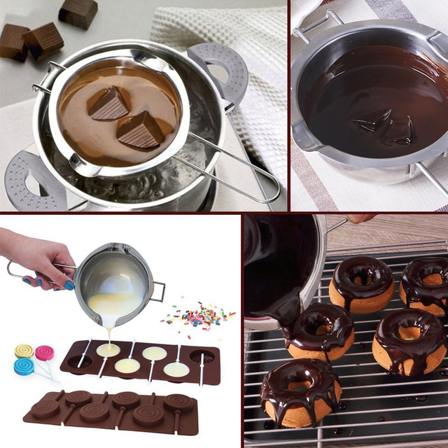 Garnki do fondue: Wielofunkcyjny tygiel ze stali nierdzewnej do topienia czekolady, serów, robienia mydła, z łyżką kuchenną, pojemność 600ml/400ml - Wianko - 1