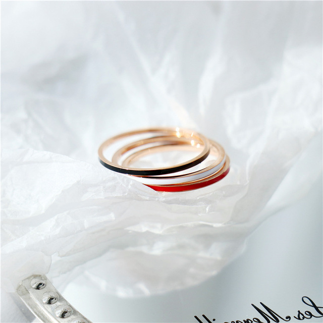 Pierścionek emaliowany z kolorami: czarnym, białym, czerwonym, różowym złotem - stal tytanowa - Wianko - 9
