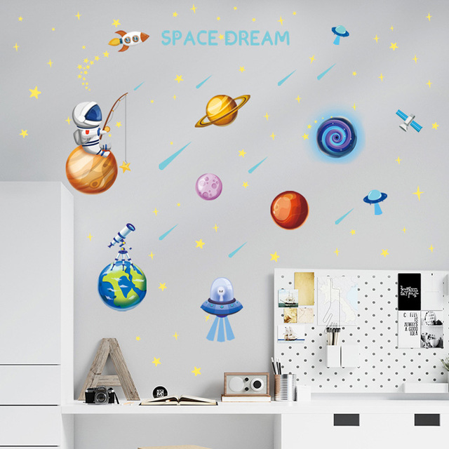 Naklejka ścienna Luminous Space Planet Rocket dla dzieci - dekoracje do sypialni i salonu, świecąca w ciemności, wzór z kreskówek - Wianko - 10