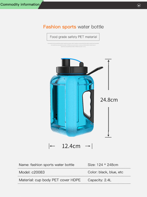 Duża butelka sportowa o pojemności 2,4L z uchwytem na wodę, bez BPA, idealna na treningi fitness na zewnątrz - Wianko - 9