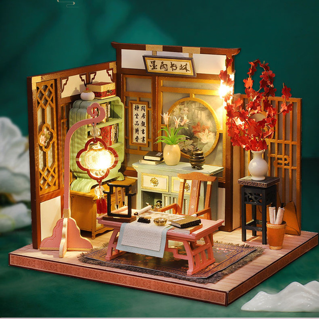 Domek dla lalek miniaturowy chiński z meblami, DIY drewniany Loft - Wianko - 2