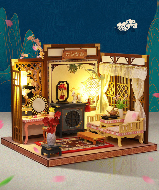 Domek dla lalek miniaturowy chiński z meblami, DIY drewniany Loft - Wianko - 1