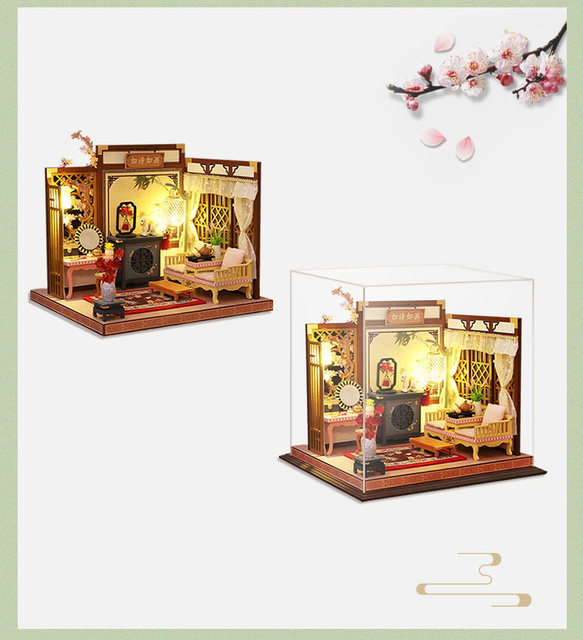 Domek dla lalek miniaturowy chiński z meblami, DIY drewniany Loft - Wianko - 5
