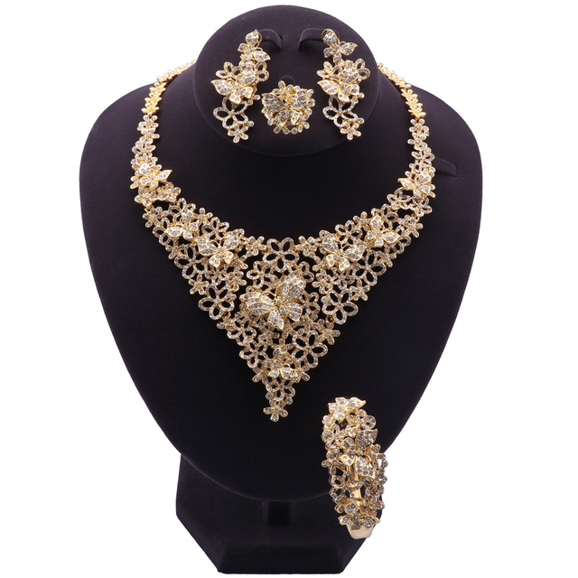 Zestaw biżuterii ślubnej: Dubaj, złoty kolor, moda, indyjski styl, naszyjnik, bransoletka, kolczyki, pierścionek, dla kobiet, afrykańska biżuteria - Wianko - 9