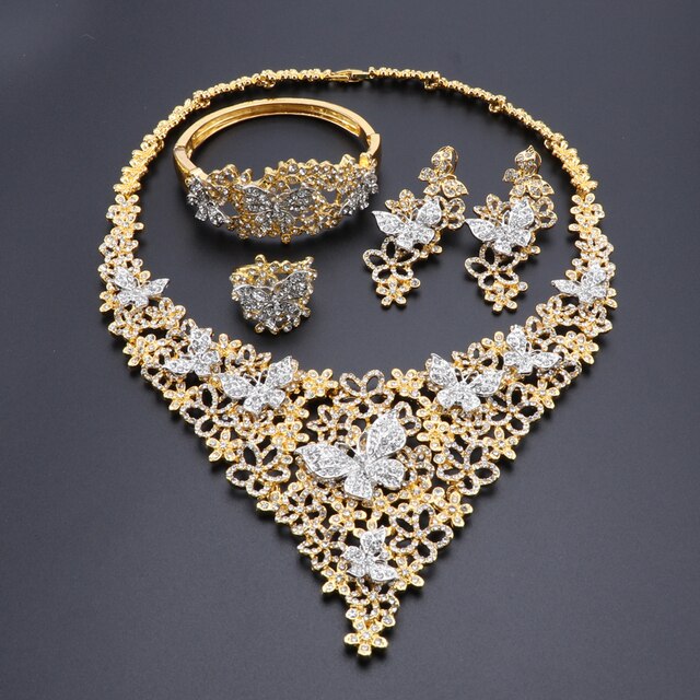 Zestaw biżuterii ślubnej: Dubaj, złoty kolor, moda, indyjski styl, naszyjnik, bransoletka, kolczyki, pierścionek, dla kobiet, afrykańska biżuteria - Wianko - 3
