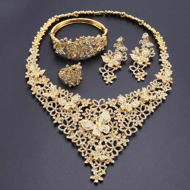 Zestaw biżuterii ślubnej: Dubaj, złoty kolor, moda, indyjski styl, naszyjnik, bransoletka, kolczyki, pierścionek, dla kobiet, afrykańska biżuteria - Wianko - 8