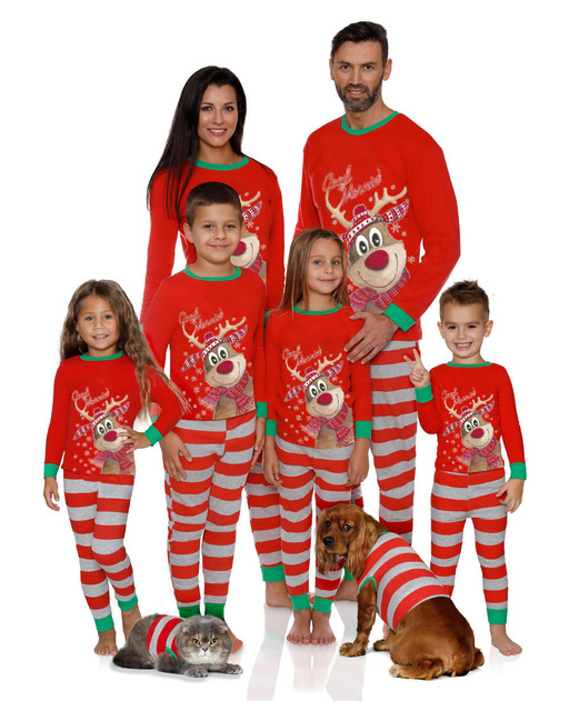 Rodzinne pasujące stroje na Boże Narodzenie: Koszulka z nadrukiem jelenia i pasiaste spodnie - 2 sztuki dla dorosłych (mężczyzna i kobieta) oraz dziecka - Wianko - 6