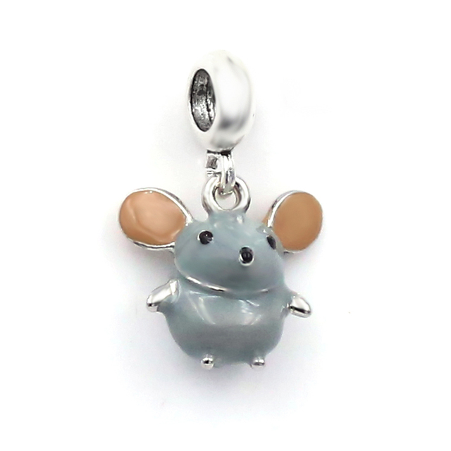 Wisiorek emaliowany DINGLLY z dużymi uszami myszy, zodiakalne szczura Charms, pasuje do bransoletki Pandora i naszyjnika zwierząt dla dzieci - biżuteria, 2 sztuki - Wianko - 2