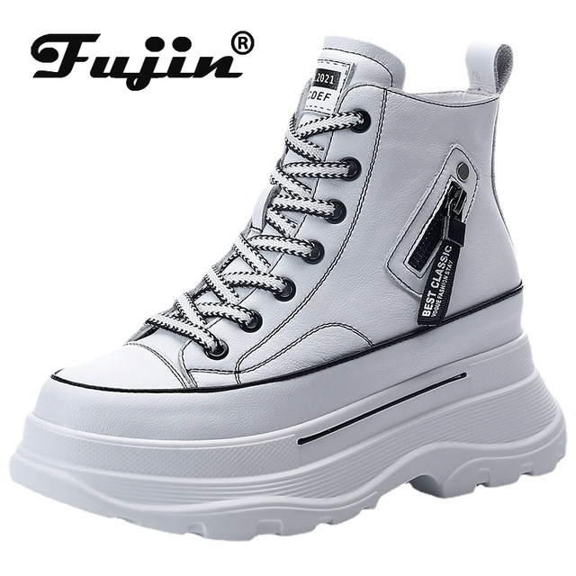 Fujin 7cm platforma trampki na koturnie Chunky buty skórzane wiosna jesień - Wianko - 2