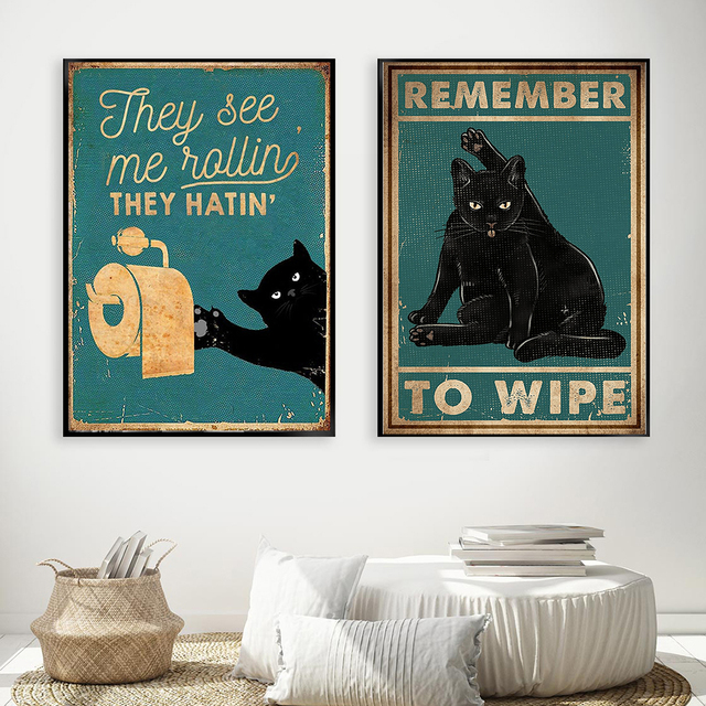 Obraz ścienny na płótnie Czarny kot w nowoczesnym stylu do łazienki – zabawny, vintage plakat z cytatami i drukami zwierząt na wc oraz do domu - Wianko - 3