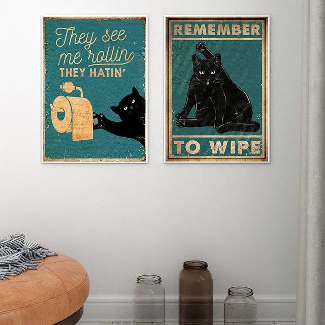 Obraz ścienny na płótnie Czarny kot w nowoczesnym stylu do łazienki – zabawny, vintage plakat z cytatami i drukami zwierząt na wc oraz do domu - Wianko - 5