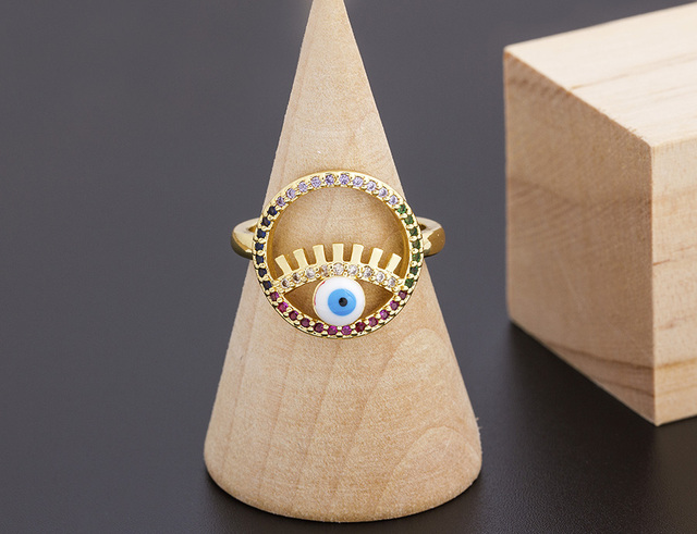 Miedziany sześcienny pierścionek Evil Eye z cyrkonią i motywem Hamsa dla kobiet - regulowany rozmiar - biżuteria ślubna - Wianko - 17