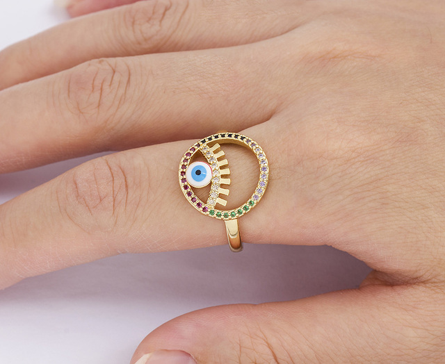 Miedziany sześcienny pierścionek Evil Eye z cyrkonią i motywem Hamsa dla kobiet - regulowany rozmiar - biżuteria ślubna - Wianko - 16