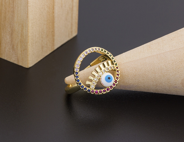 Miedziany sześcienny pierścionek Evil Eye z cyrkonią i motywem Hamsa dla kobiet - regulowany rozmiar - biżuteria ślubna - Wianko - 14