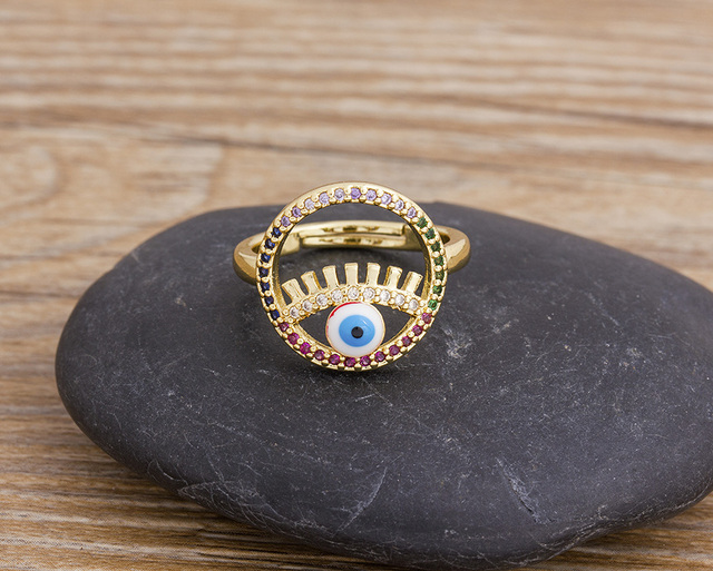 Miedziany sześcienny pierścionek Evil Eye z cyrkonią i motywem Hamsa dla kobiet - regulowany rozmiar - biżuteria ślubna - Wianko - 19