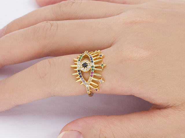Miedziany sześcienny pierścionek Evil Eye z cyrkonią i motywem Hamsa dla kobiet - regulowany rozmiar - biżuteria ślubna - Wianko - 10